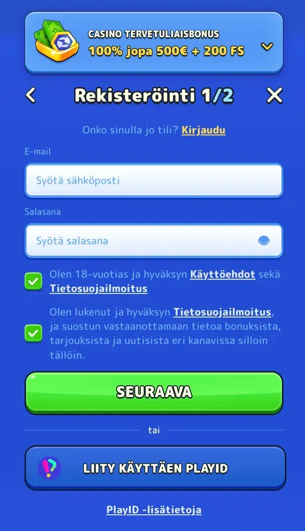 Rekisteröintilomake Pistolo kasinolla
